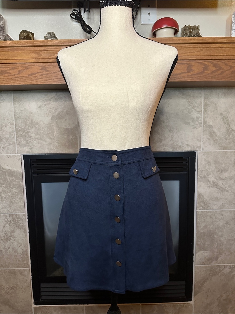 Navy Blue Button Front Faux Suede A-Line Preppy Skirt Size Large